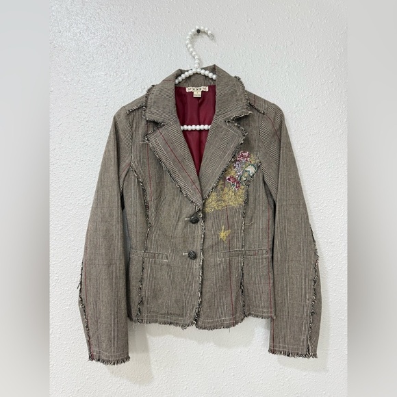 Anthropologie Jackets & Blazers - Tan Sport Womens Blazer Embroidered Floral Jacket Frayed Edge Size S Small